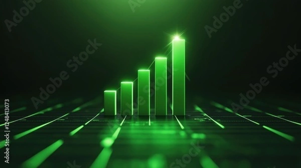 Fototapeta A green bar chart representing growth, with increasing vertical bars set against a dark background, symbolizing data analysis and financial success.