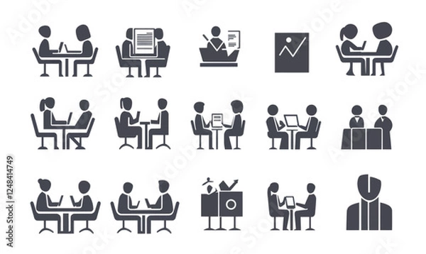 Fototapeta Business Meeting Icons Set: Team Conference, Presentation, Interview Silhouettes