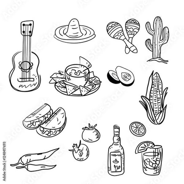 Fototapeta Mexican cuisine set and food in flat graphics black and white graphics on a white background. a simple illustration of food