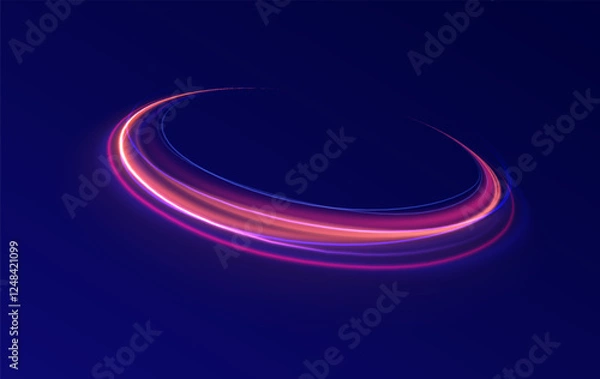 Fototapeta Creative vector illustration of flying cosmic meteor, planetoid, comet, fireball isolated on transparent background. Effect, png, wave,neon,line. Light arc in neon colors, in the form of a turn. 