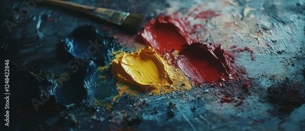 Fototapeta Artist’s colors vividly streak a painter’s palette, showcasing creativity and the process of transforming ideas into colorful visual art.