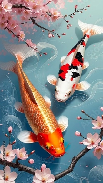 Fototapeta Painting of two koi fish swimming gracefully among blooming cherry blossoms on a soft pastel blue background. One fish is bright orange with golden scales, the other is a mix of white, red, and black.