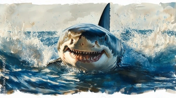 Fototapeta A watercolor painting of a great white shark emerging from the ocean, soft brush strokes, blue and gray tones, white background