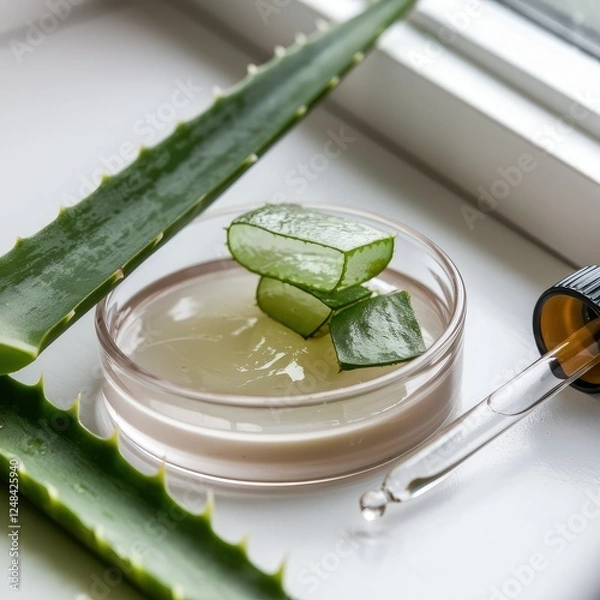 Fototapeta Jar of delicate clear moisturizer essence face cream, face gel, serum on white background with green leaves. Cosmetic products for skin care and makeup.
aloe