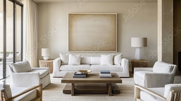 Fototapeta A calm and serene living room in minimalist style, featuring neutral-toned furniture, a statement art piece, and soft natural lighting.