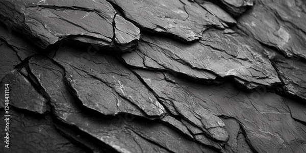 Fototapeta close-up of the surface texture of dark gray slate, showcasing its unique patterned and rugged quality. 