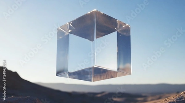 Fototapeta Transparent Cube Floating in Arid Landscape under Clear Sky with Hills