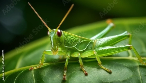 Fototapeta A macro shot of a tiny green grasshopper camouflaged on a leaf, highlighting its textured body and intricate details. The vibrant green hue blends seamlessly with the leaf