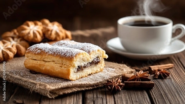 Fototapeta Coffee with pastry and spices on wooden table
