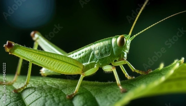 Fototapeta A macro shot of a tiny green grasshopper camouflaged on a leaf, highlighting its textured body and intricate details. The vibrant green hue blends seamlessly with the leaf