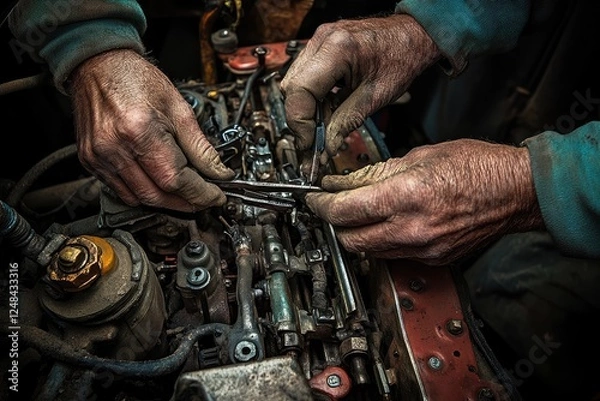 Fototapeta Close-up of gloved hands working on a car engine part.