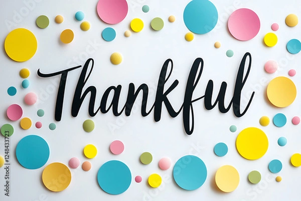 Fototapeta A visually appealing design featuring the word "Thankful" in a stylish handwritten font, surrounded by multicolored glossy dots in shades of yellow, pink, and blue on a white background.