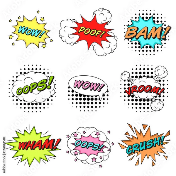 Fototapeta Classic comics book speech stickers set with cloud bubbles, expl