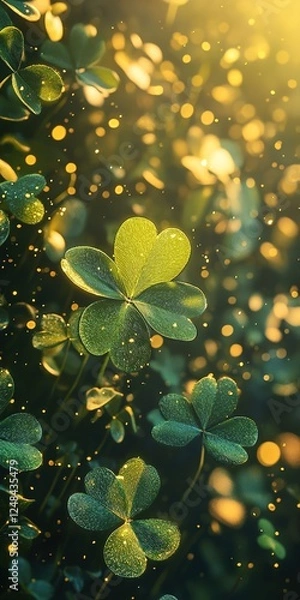 Fototapeta Green and golden clover leaves create a magical, background. Soft light filters through, illuminating the delicate textures and evoking a sense of luck and tranquility, background for st patrick's day