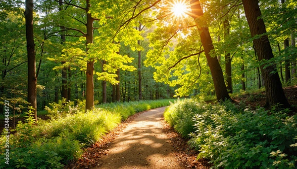 Obraz Sunlit forest path in dappled shade, nature's tranquility