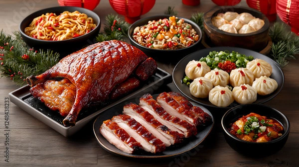 Fototapeta  chinese new year feast with peking duck and longevity noodles