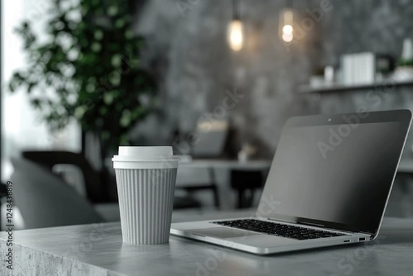 Obraz A laptop and a disposable coffee cup sit on a concrete table in a modern, dimly lit office.