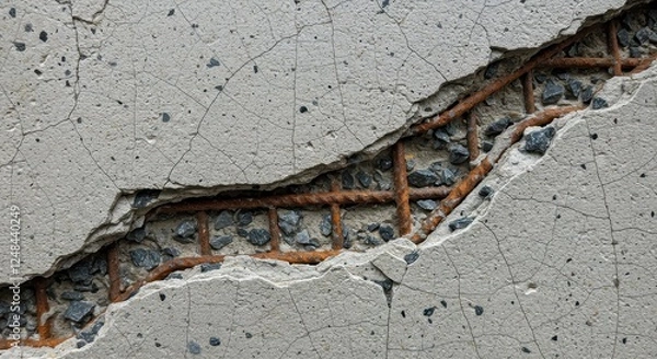 Fototapeta Close-up Photograph of Cracked Concrete Showing Rusted Reinforcement Bars - Ideal for Construction, Architecture, and Structural Analysis Use Cases