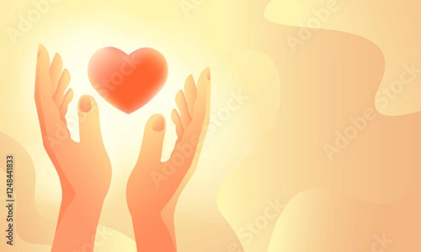 Fototapeta Human hands with heart. Concept hope and care, mercy and volunteering, cardiology. Banner with copy space. Gradient modern flat style. Vector illustration.