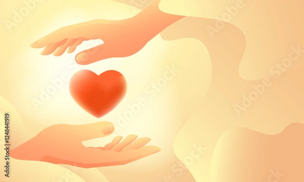 Fototapeta Human hands and heart in modern gradient flat style. Concept volunteering and hope, charity and care, cardiology. Horizontal banner with copy space. Vector illustration.