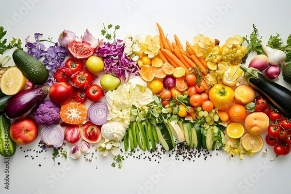 Fototapeta Rainbow Produce Flatlay Vibrant fruits & vegetables arranged on white background for healthy eating website