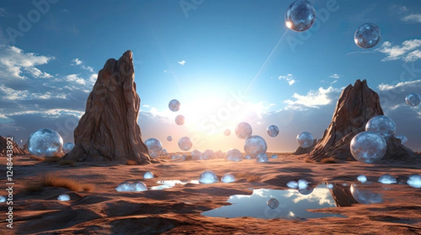 Obraz Surreal Desert Landscape with Glowing Spheres at Sunset