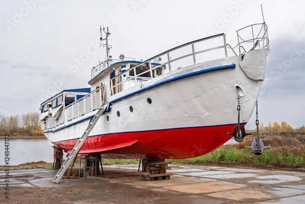 Fototapeta White and red ship raised on blocks for maintenance at dry dock near river, with cloudy sky and autumn trees in background. Concept of ship repair