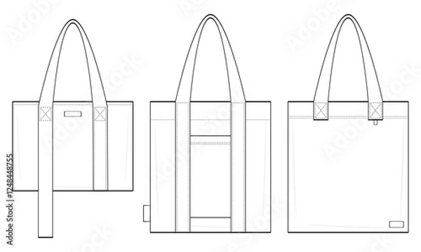 Fototapeta Tote Bag Set Technical Fashion Illustration. Structured Utility Tote Bag Designs Vector Template. Minimalist Everyday Tote. Functional and Versatile. Front View. CAD Mockup Set.