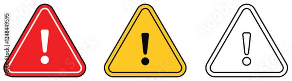 Obraz Warning, precaution, attention, alert icon, set exclamation mark in triangle shape. Exclamation marks. Caution alarm set, danger signs. Attention symbols. Warning and attention icons.