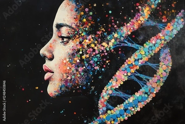 Obraz Detailed view of a dna helix intertwinedon a dark background, womans human face