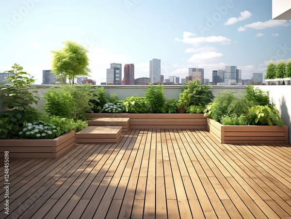 Obraz Peaceful Rooftop Garden with City Skyline View