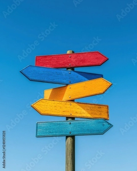 Fototapeta A colorful signpost with arrows pointing in various directions against a clear blue sky.