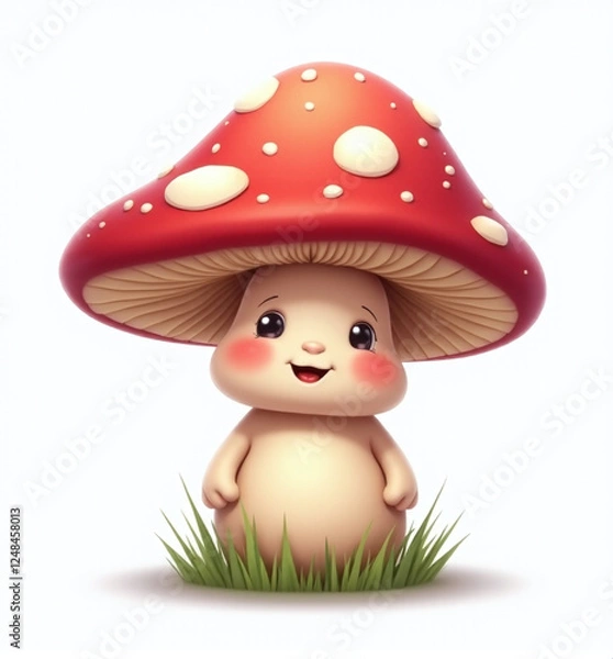 Obraz Cute Mushroom Character with Red Cap, Adorable 2D Kids Illustration on White Background

