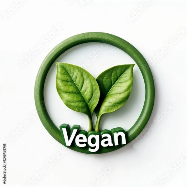 Fototapeta 3D Vegan Logo Design with Green Leaves and Circular Frame

