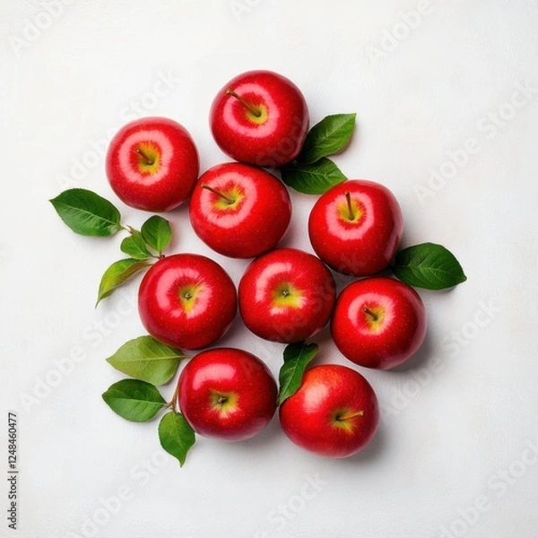 Fototapeta Fresh Red Apples with Green Leaves Arranged on a Light Background for Healthy Food Concept