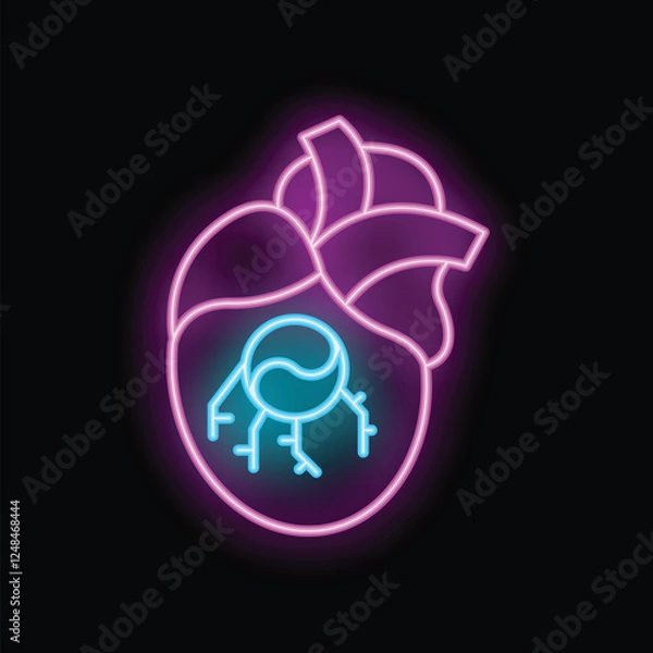 Fototapeta Neon sign of a human heart with an artificial intelligence chip inside, representing the concept of technological singularity