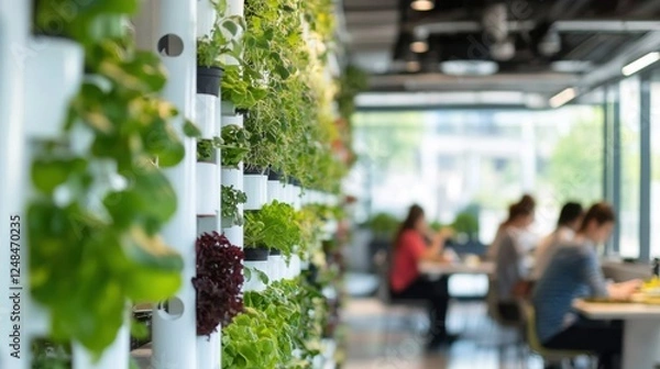 Obraz Modern urban farm inside an office building- with people eating lunch in the background while plants grow on white walls and green sustainable technology elements.