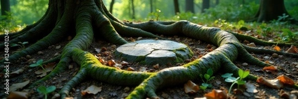 Fototapeta Twisted tree roots forming a circle around a stone grave, twisted, grave
