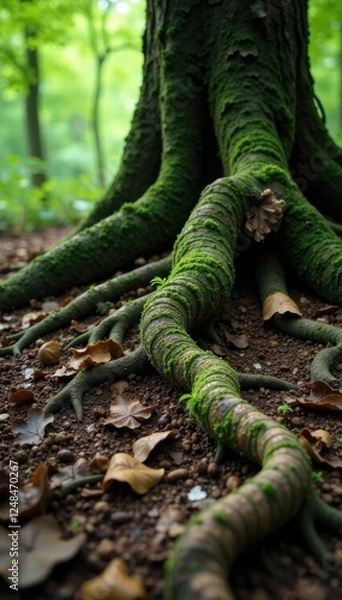 Fototapeta Twisted tree roots snaking through forest floor, forest decay, fungi growth