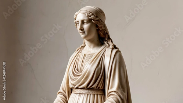 Obraz A detailed marble sculpture of a classical figure with intricate drapery and a headscarf, showcasing the elegance and craftsmanship of ancient art. Woman. Renaissance. 1