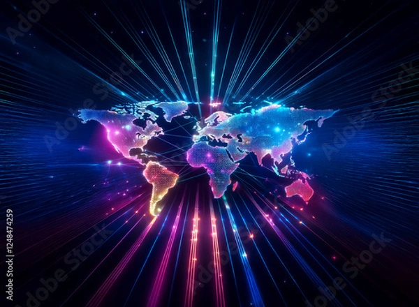 Fototapeta Double exposure of a vibrant world map with radiant lines emanating outwards. The continents glow in pink, blue, and yellow, creating a digital and futuristic feel.