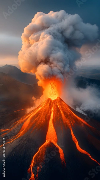 Fototapeta Volcanic eruption showcasing lava podium stand nature's majesty aerial view dynamic landscape geological phenomenon