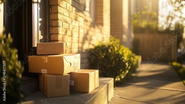 Obraz Photo of multiple packages stacked neatly on a doorstep, waiting to be collected