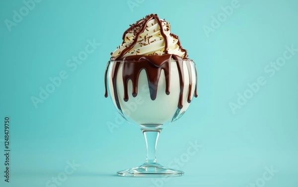 Fototapeta Classic ice cream sundae with chocolate drizzle on a pastel blue background