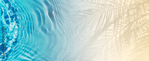 Obraz abstract sand beach from above with blue transparent water wave and palm leaf shadow, beautiful nature scene background banner with copy space for travel destination, vacation and body care