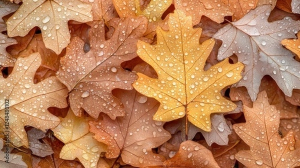 Fototapeta Dew Covered Autumn Leaves Displaying Fall Colors