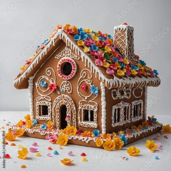 Obraz A gingerbread house with edible candy flowers, white background.