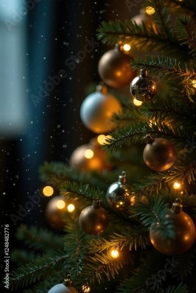 Fototapeta Twinkling lights and gold ornaments on a Christmas tree, Christmas tree, Twinkle lights