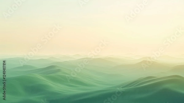 Fototapeta Aerial View of Gently Sloping Green Hills Blending Into a Pastel Hued Sky, the Soft Transitions of Light and Shadow in a Dreamlike Landscape With Natural Serenity