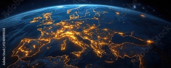 Fototapeta Map of the Europe continent with glowing lights in yellow and orange- representing bustling city activity at night- with Earth's blue surface in background.